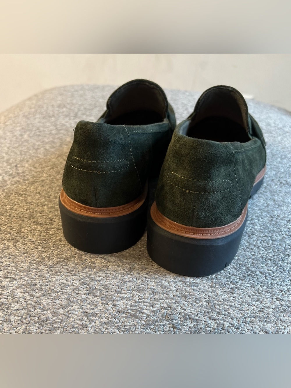 Clarks Women’s Dark Green Suede Penny Loafers with Brown Trim - Picture 5 of 8